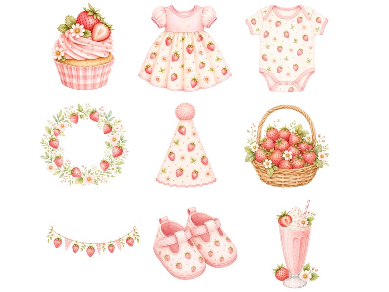 Pu&ograve; includere: Una collezione di illustrazioni ad acquerello che raffigura un cupcake guarnito con fragole, un vestito, un body, una ghirlanda floreale, un cappellino da festa, un cesto di vimini con fragole, una ghirlanda, scarpine e un frapp&eacute; alla fragola.