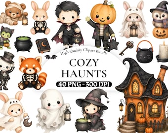 Clipart aquarelle d'Halloween « Fantômes, sorcières et animaux de la forêt » (PNG), lot de 2 images pour la sublimation automnale, téléchargement numérique, usage commercial autorisé.