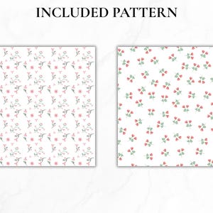 May include: Two square digital patterns labeled INCLUDED PATTERN. The left square features small pink flowers and green stems on a white background. The right square displays repeating clusters of three red tulip-like flowers with green leaves on white.