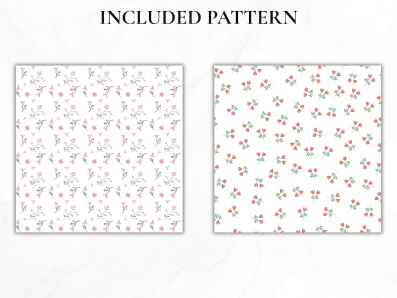 May include: Two square digital patterns labeled INCLUDED PATTERN. The left square features small pink flowers and green stems on a white background. The right square displays repeating clusters of three red tulip-like flowers with green leaves on white.