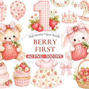 Pu&ograve; includere: Un pacchetto di clipart digitali con illustrazioni ad acquerello di un orsacchiotto, un coniglietto, un cavallo a dondolo, un regalo, un palloncino, una torta, un cupcake, un vestito e un cesto di fragole, con il testo High Quality Clipart Bundle BERRY FIRST 40 PNG - 300 DPI.