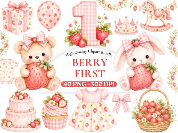 Berry First Birthday Clipart, Strawberry One PNG, Cute Baby Shower Clipart, Girl 1st Birthday Graphics, Digital Download, Commercial Use