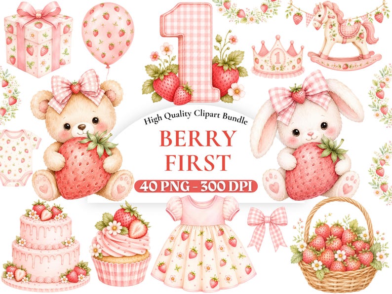 Pu&ograve; includere: Un pacchetto di clipart digitali con illustrazioni ad acquerello di un orsacchiotto, un coniglietto, un cavallo a dondolo, un regalo, un palloncino, una torta, un cupcake, un vestito e un cesto di fragole, con il testo High Quality Clipart Bundle BERRY FIRST 40 PNG - 300 DPI.