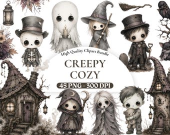 Ensemble de cliparts aquarelle d'Halloween effrayants et chaleureux, PNG de fantôme mignon, citrouille, chat noir, sorcière, PNG d'automne pour sublimation, téléchargement numérique.