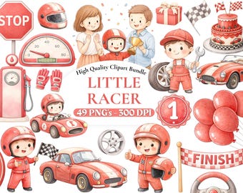 Kleiner Rennfahrer Clipart, Rennauto PNG, Kinder Rennfahrer Clip Art, Cartoon Auto Illustration, Geburtstag Rennsport-Thema, Aquarell Auto, digitaler Download