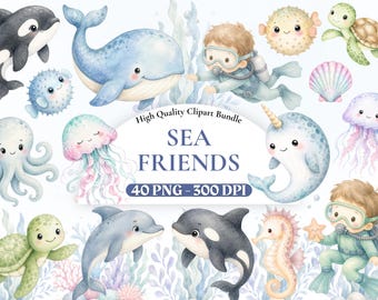 海底クリップアートバンドル、海洋動物PNG、サンゴ礁アート、水彩画の海洋生物、赤ちゃん海洋動物、子供部屋アート、誕生日デコレーション。