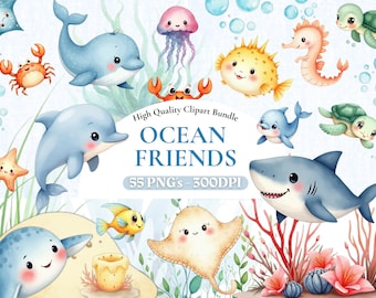 55 Unter dem Meer Aquarell Clipart Bundle, Ozean Tier Clipart, Kinderzimmer Kunst, PNG Bundle Meerestiere, Meerestiere Illustration.