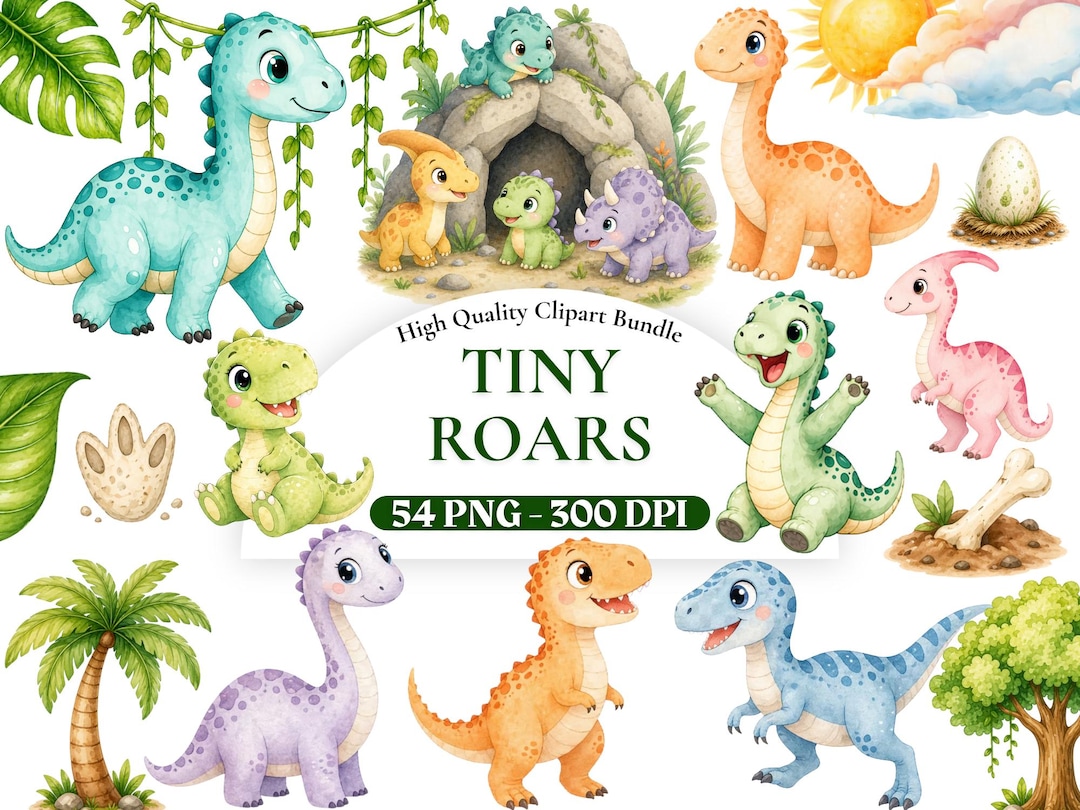 54 Watercolor Dinosaur Clipart Set, Cute Dino PNG Bundle, Nursery Decor ...