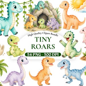 May include: A collection of watercolor dinosaur illustrations in various colors, including blue, green, orange, and purple. The image includes the text "High Quality Clipart Bundle TINY ROARS 54 PNG - 300 DPI".
