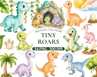 54 Aquarell Dinosaurier Clipart Set, süßes Dino PNG Bundle, Kinderzimmer Dekor, Baby Dino Geburtstag, Babyparty, digitaler Download, kommerzielle Nutzung
