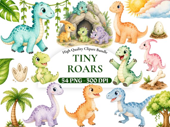54 Watercolor Dinosaur Clipart Set, Cute Dino PNG Bundle, Nursery Decor, Baby Dino Birthday, Baby Shower, Digital Download, Commercial Use