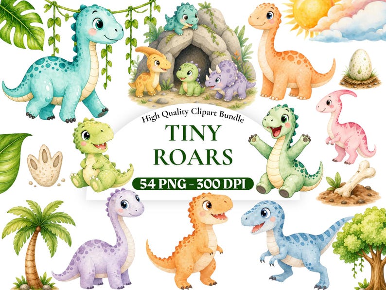 May include: A collection of watercolor dinosaur illustrations in various colors, including blue, green, orange, and purple. The image includes the text "High Quality Clipart Bundle TINY ROARS 54 PNG - 300 DPI".