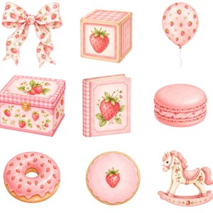 Pu&ograve; includere: Una collezione di illustrazioni ad acquerello che include un fiocco con motivo a fragole, un blocco di legno, un palloncino, una scatola portaoggetti, un libro, un macaron rosa, una ciambella con glassa rosa, un biscotto rotondo e un cavallo a dondolo.