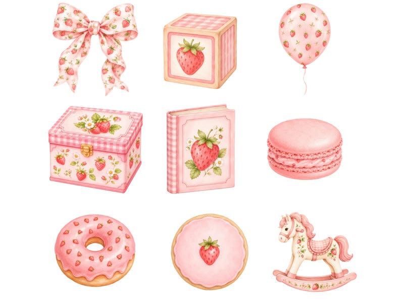 Pu&ograve; includere: Una collezione di illustrazioni ad acquerello che include un fiocco con motivo a fragole, un blocco di legno, un palloncino, una scatola portaoggetti, un libro, un macaron rosa, una ciambella con glassa rosa, un biscotto rotondo e un cavallo a dondolo.