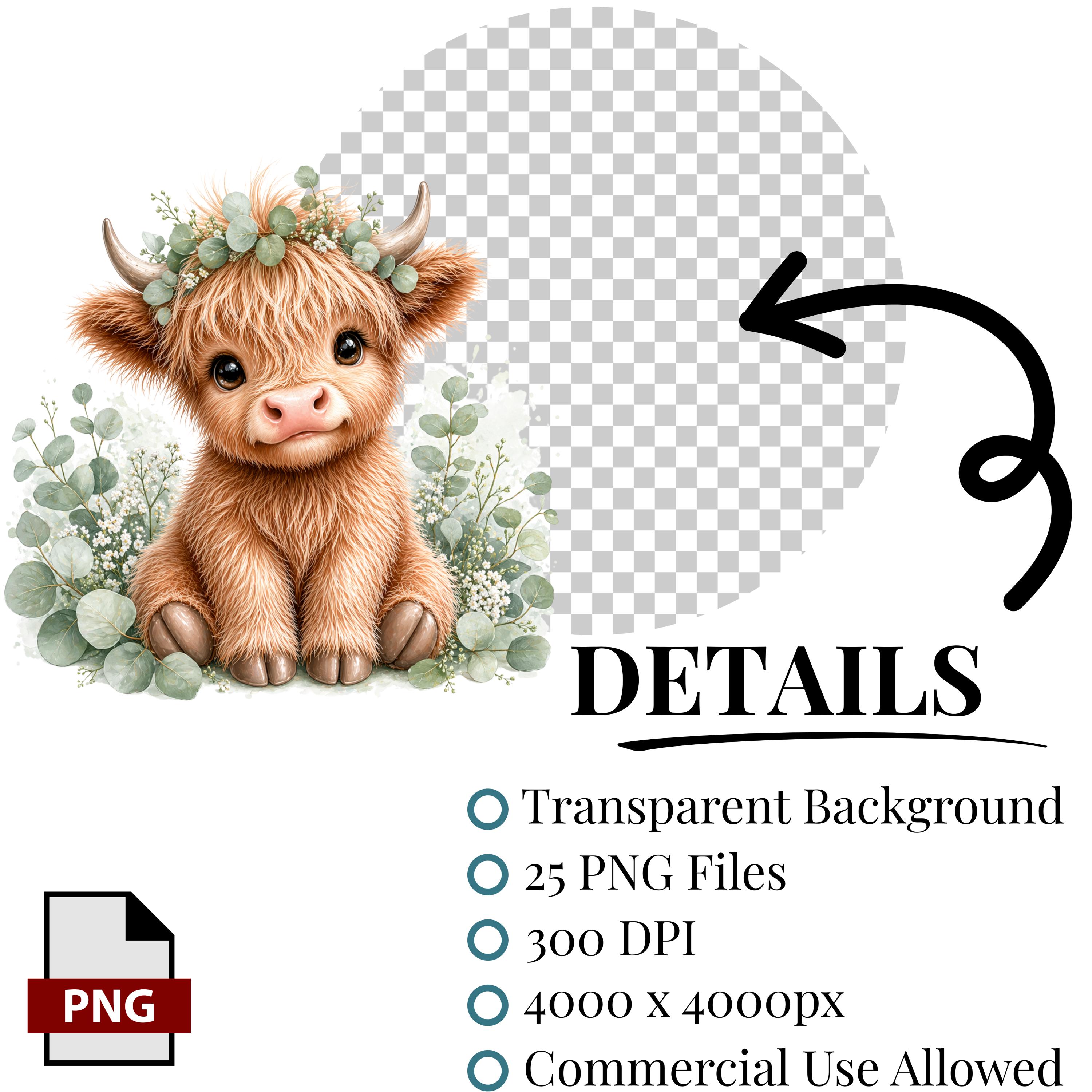 25 Floral Highland Cow PNG, Cute Boho Cow Clipart, Watercolor Farm ...