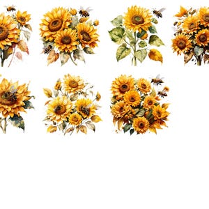 Solrosor och bin Clipart, blommig PNG, solrosillustration, bi-clipart, akvarellblommor, akvarell vår-clipart, utskrivbar PNG bild 4