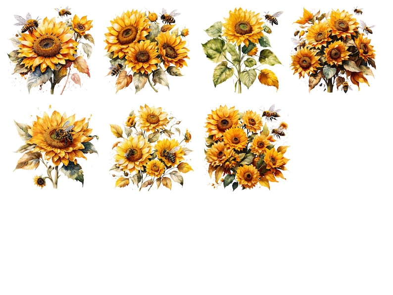 Solrosor och bin Clipart, blommig PNG, solrosillustration, bi-clipart, akvarellblommor, akvarell vår-clipart, utskrivbar PNG bild 4