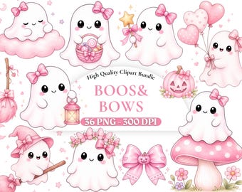Bows & Boos ピンクのハロウィン クリップアート、Coquette Ghost とピンクのカボチャ PNG、かわいいガーリーなハロウィン グラフィック、デジタル ダウンロード、商用利用可
