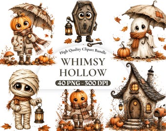 Images clipart d'Halloween fantaisistes, ensemble PNG mignon et effrayant, graphismes de citrouille fantôme à l'aquarelle, téléchargement numérique d'Halloween kawaii, usage commercial