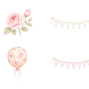 May include: A collection of watercolor illustrations featuring a pale pink rose with green leaves, a round balloon with a pink floral pattern, a string of triangular pennants with small floral motifs, and a string of pink and white checkered pennants.