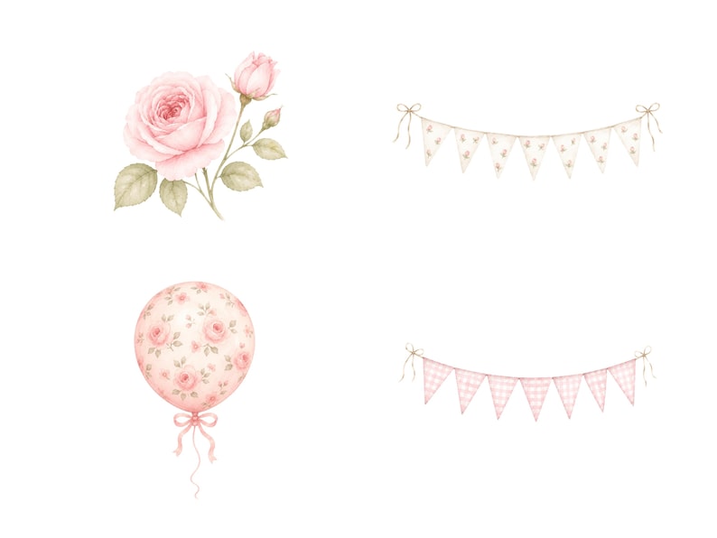May include: A collection of watercolor illustrations featuring a pale pink rose with green leaves, a round balloon with a pink floral pattern, a string of triangular pennants with small floral motifs, and a string of pink and white checkered pennants.