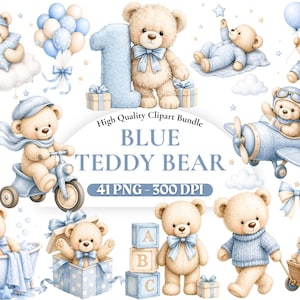 Op de afbeelding: Waterverf clipart bundel met teddyberen in blauw en beige. Bevat beren met ballonnen, op een driewieler en in een vliegtuig. De tekst luidt "BLUE TEDDY BEAR" en "41 PNG - 300 DPI".