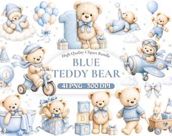 41 Aquarell Blau Teddy Bär Clipart, erster Geburtstag Junge PNG, Kinderzimmer Kunst, Baby Shower Grafik, digitaler Download, kommerzielle Nutzung