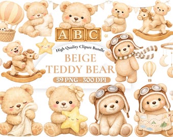 Aquarell Beige Teddybär Nursey Art, weiche Kinderzimmer Grafiken Clipart, Babyparty PNG Bündel, Kinderzimmer Dekor, Geburtstag Dekor.