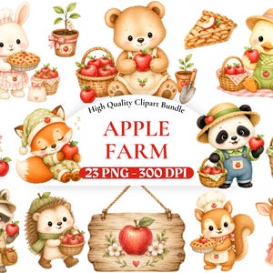 Pode incluir: Um pacote de clipart digital intitulado Apple Farm contendo 23 arquivos PNG com ilustrações em aquarela de animais, incluindo um urso, coelho, raposa, panda, guaxinim, ouriço, esquilo e cervo, todos retratados com maçãs, cestas e tortas.