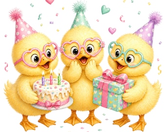 Anatroccoli di compleanno PNG, ClipArt di anatroccolo carino, Compleanno anatroccolo giallo, Decorazioni per feste, Grafica per cameretta, Adesivo stampabile, Uso commerciale