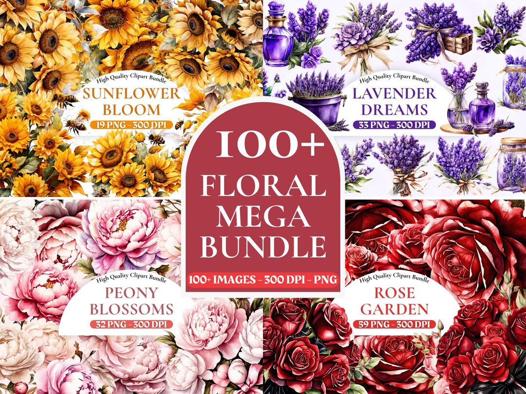 Floral Clipart Mega Bundle PNG, Watercolor Flower Graphics Set ...