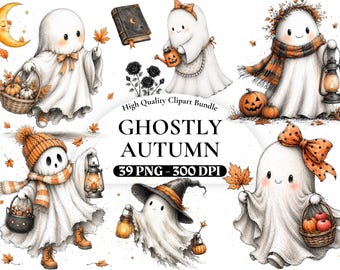 以下が含まれることがあります： GHOSTLY AUTUMN 39 PNG - 300 DPIというタイトルのデジタルクリップアートバンドル。カボチャ、ランタン、カエデの葉、スカーフ、帽子、バスケットなどの秋のアクセサリーを身につけた白い幽霊の様々なイラストが、白い背景に描かれています。