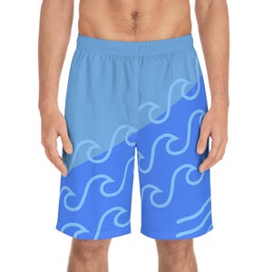 Men&#39;s Wave Print Board Shorts: Lightweight Polyester Swim Trunks
