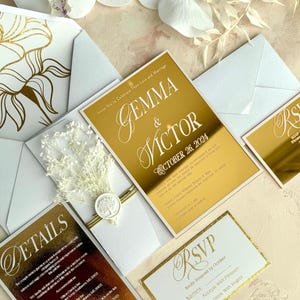 Gold Spiegel Acryl Hochzeitseinladungen Set mit weißen Umschlägen, Einzigartige Einladung Lädt Reihe ein, Invitaciones de Boda