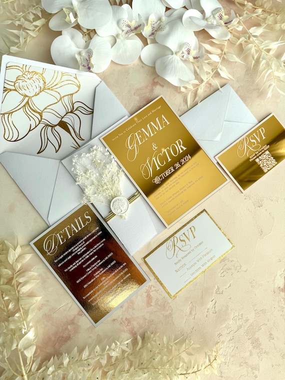 Gold Mirror Acrylic Wedding Invitations Set with White Envelopes, Unique Invitation Invites Suite, Invitaciones de Boda