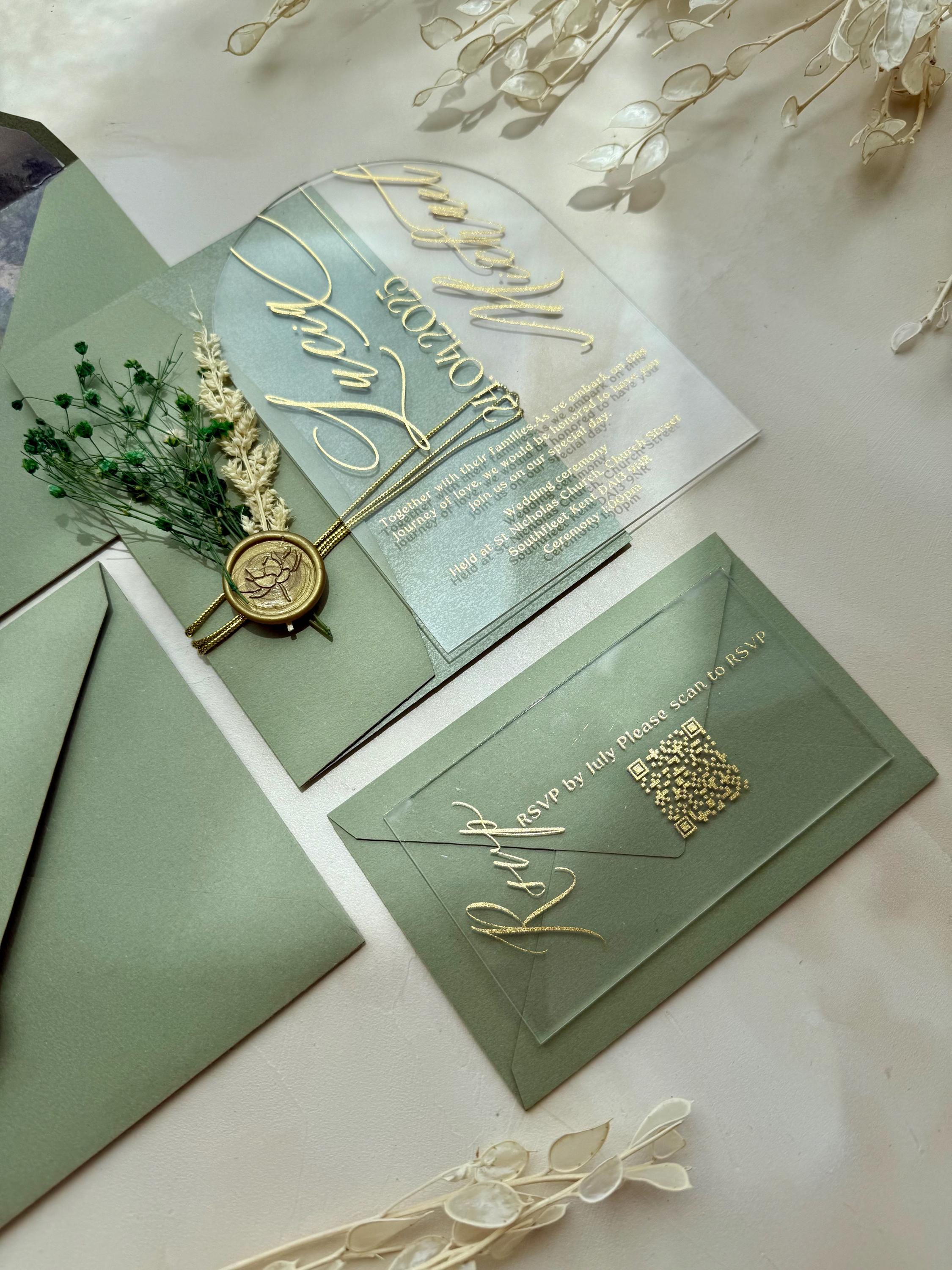 Clear Acrylic Sage Green Wedding Invitations Sets, Details Cards - QR Code  RSVP, Quinceanera Invites - Etsy, image size:2250x3000