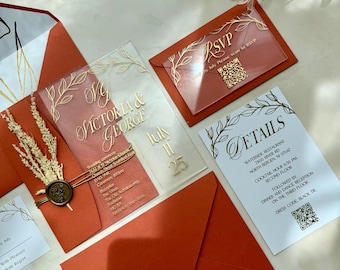 Clear Acrylic Floral Wedding Invitations Set with Burnt Orange Wedding Envelopes, Quinceanera Sweet 16 Invites with QR Code RSVP