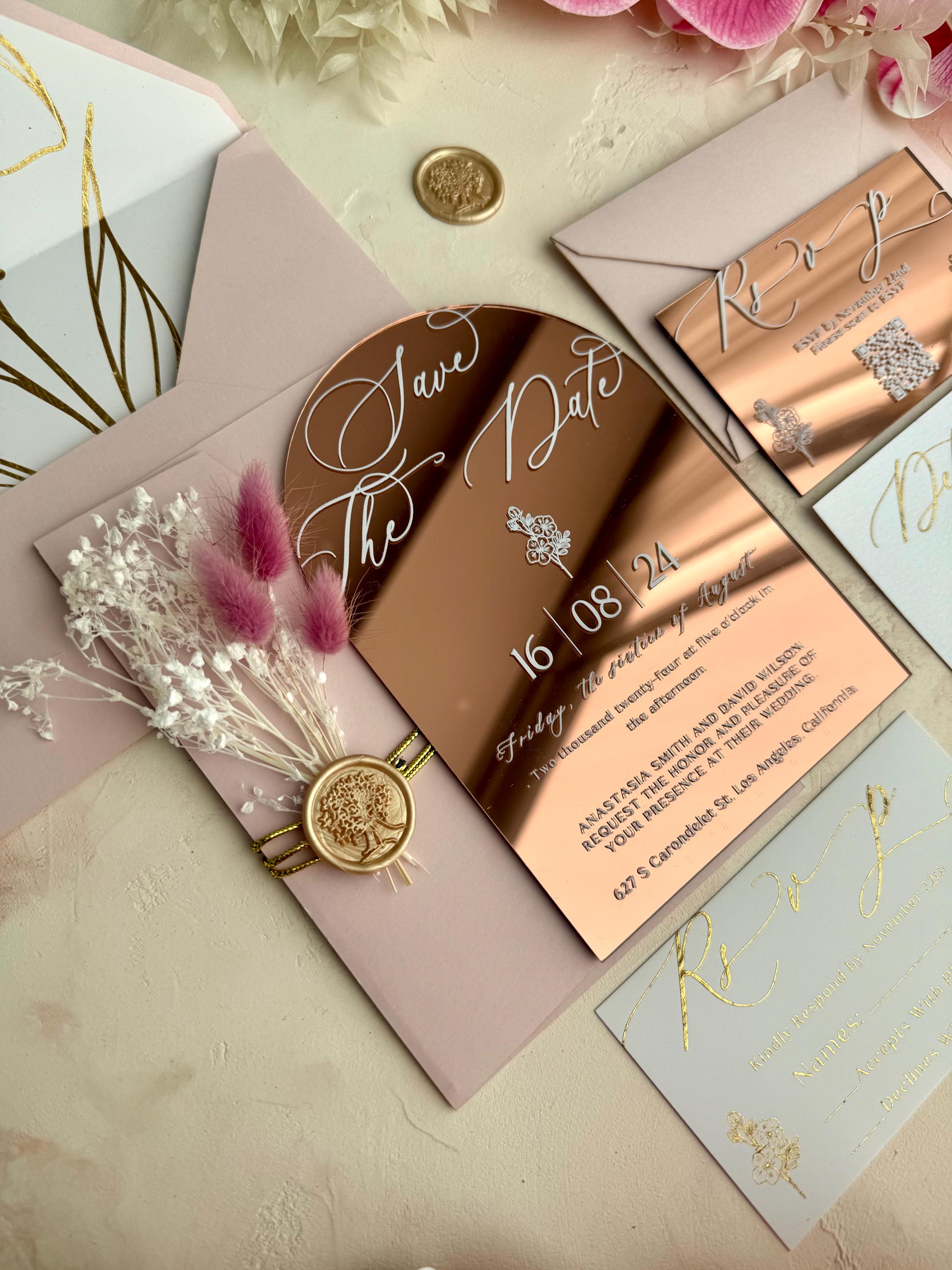 アーチ ローズ ゴールド アクリル ウェディング招待状（詳細カード付き