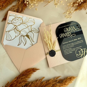 Ensemble de cartes d'invitation de mariage de luxe en acrylique transparent avec enveloppes postales, faire-parts feuille d'or, faire-part Quinceanera Sweet 16