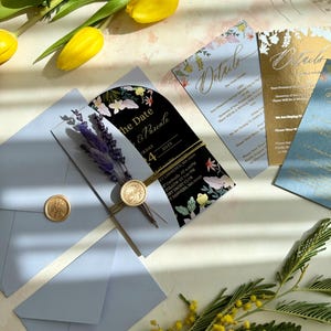Bogen-Schwarz-Acryleinladungs-Hochzeits-Detail-Karten-Satz, außer dem Datum Quinceanera lädt ein, Hochzeits-Briefpapier, Goldfolien-Einladung