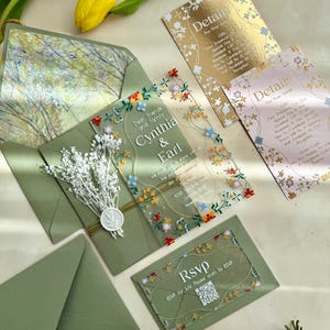 Elegante acryl huwelijksuitnodiging met wilde bloemen, QR-code RSVP, prinsessuitnodiging quinceanera, bloemen bruiloftuitnodigingen