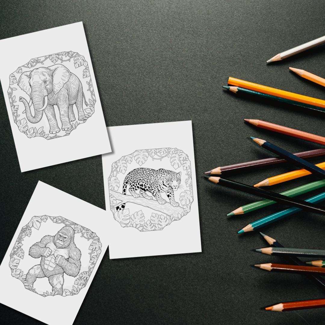 14 Animal Coloring Pages for Adults and Kids, Jungle Animals, Instant ...