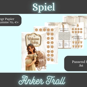 Könnte beinhalten: Ein Set von Babyparty-Spielen mit einer Cartoon-Illustration einer schwangeren Frau in einem beigen Kleid. Die Spiele umfassen ein Bingospiel, ein Wortsuchspiel und andere Aktivitäten. Der Text auf dem Bild enthält "Welcome Baby" und "Spiel".