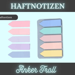 Könnte beinhalten: Zwei Sets pastellfarbener Haftnotizen in Pfeilform. Ein Set ist vertikal, das andere horizontal angeordnet. Die Haftnotizen sind rosa, lila und blau. Das Wort "HAFTNOTIZEN" steht oben und "Anker Troll" unten.