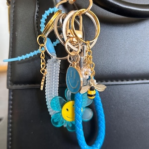 Bag charms, bag jewelry, bag charms, with blue flower, bee and smiley, bag accessories and key ring