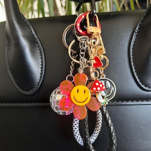 Bag charms, bag jewelry, bag charms, with flower, smiley and disco ball, bag accessories and key ring