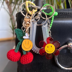 Bag charms, bag jewelry, bag charms, with red flower, crochet cherry and heart hook, bag accessories and key ring