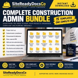 Puede incluir: Un paquete de productos digitales titulado Complete Construction Admin Bundle de SiteReadyDocsCo, que incluye 15 plantillas editables para la gestión de proyectos, mostrado en una pantalla de portátil con iconos de carpetas amarillas.