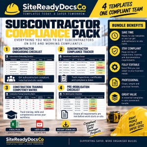 Könnte beinhalten: Ein digitales Dokumentenpaket mit dem Titel Subcontractor Compliance Pack von SiteReadyDocsCo, das vier Vorlagen enthält: Subunternehmer-Onboarding-Checkliste, Compliance-Tracker, Schulungskompetenzmatrix und Pre-Mobilisation-Checkliste.