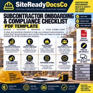 May include: A digital Subcontractor Onboarding & Compliance Checklist PDF template by SiteReadyDocsCo. The document features sections for company information, insurance, health and safety, and operative competence, displayed with a yellow hard hat.